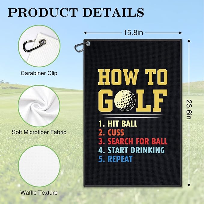 How to Golf Towel, Funny Golf Bag Towel with Clip for Men, Golfing Accessories for Men Women, Christmas Birthday Retirement Gifts for Golfer Sports Fan, Golfing Gifts for Dad Mom Grandpa Friend