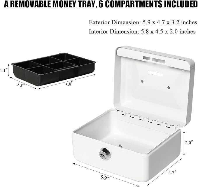 Jssmst Small Lock Cash Box, Locking Money Box for Kids with Slot on Top, White Lock Box, 5.91 x 4.72 x 2.95 inches, CB003-W