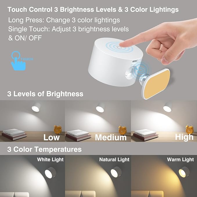 Battery Operated Wall Light, LED Lamp with 360°Adjustable Lighting Indoor Light 3 Color Modes Brightness Levels Touch Control, Mounted for Bedroom Reading Bedside-1Pack White