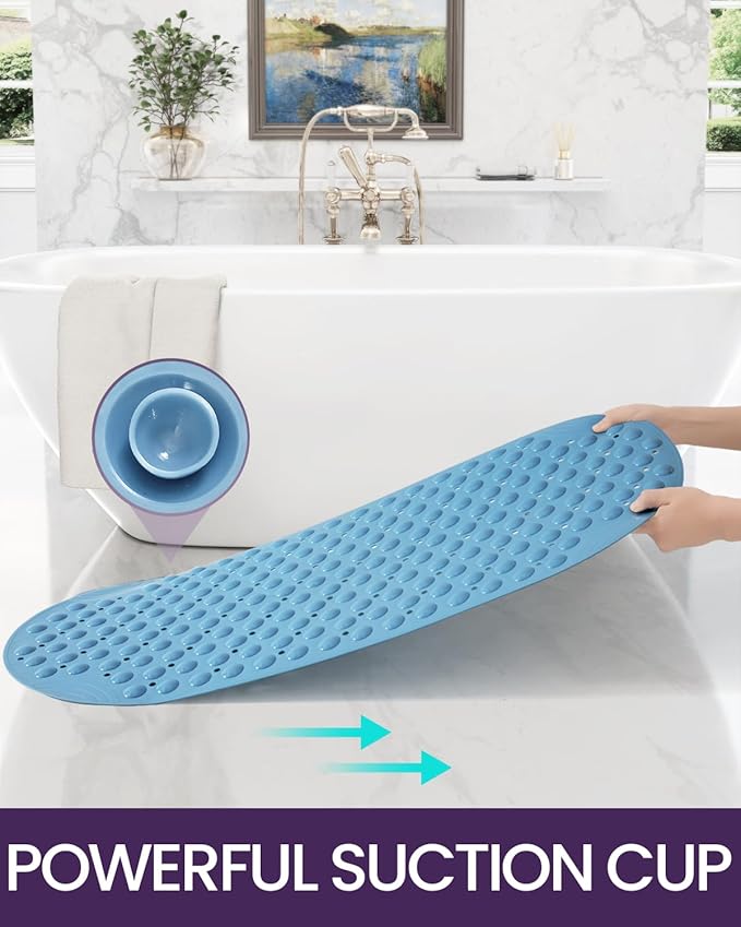 DEXI Bathtub Mat Non Slip 16x35, Shower Floor Mats for Bathroom Bath Tub, Washable Oval Bathmat with Suction Cups and Drain Holes, Blue