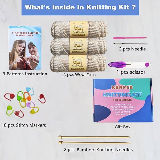 Kaaper Beginner Knitting Kit for Adults, Learn to Knit Crochet Starter Kit in Khaki with Scarves, Hats & Gloves Knitting Includes Wool Yarn, Knitting Needles, & Stitch Markers (Khaki)