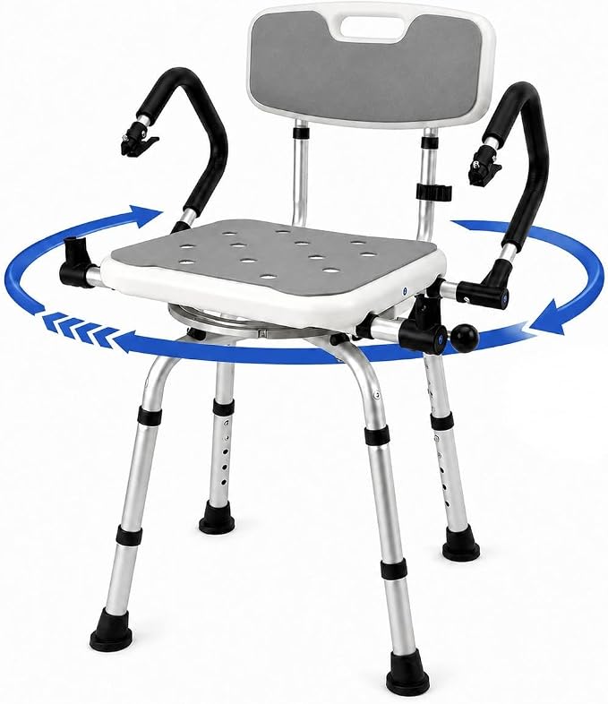 Deluxe Swivel Shower Chair with Arms & Back by CZMY, 360° Locking Seat, 5-Level Height Adjustable, Padded Heavy-Duty Bath Chair, 300 lbs, for Seniors, Elderly, & Disabled (Grey with Flip-Up Arms)