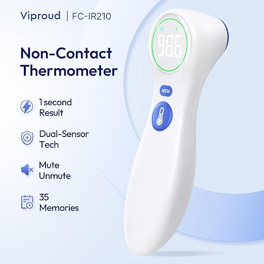 Viproud No-Touch Thermometer for Kids and Adults, 1-Second Reading | Forehead & Object Mode, Fever Indicator, Large Clear LED, Silent Mode, Home Medical, Nurse Accessories, Lifetime Support