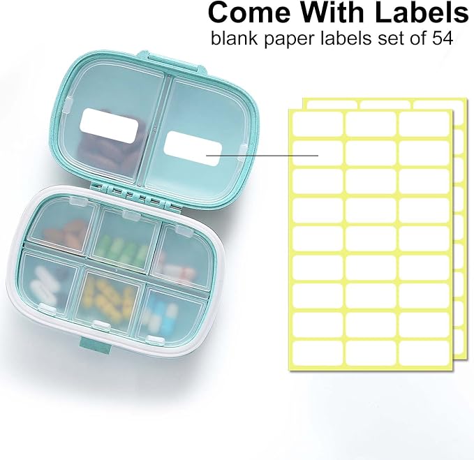 8 Compartments Travel Pill Organizer, Daily Pill Case Small Pill Box for Pocket Purse, Portable Pill Container Medicine Vitamin Organizer (Blue & Green)