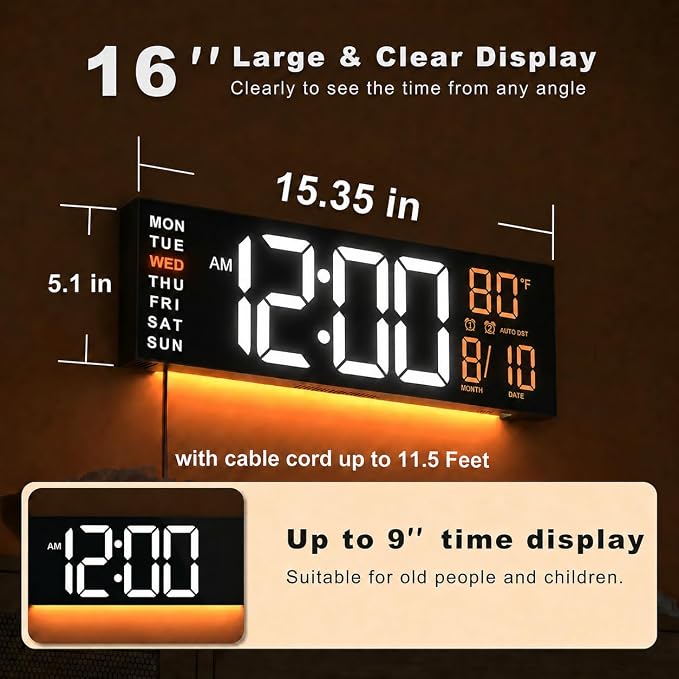 JALL 16" Large Digital Wall Mount Clock, Count Down Timer, Alarm, Big LED, RGB Color, DST, Temperature for Living Room Classroom Desk, Xmas, Birthday Gift for Senior Mom Dad (Orange White, 16 inches)