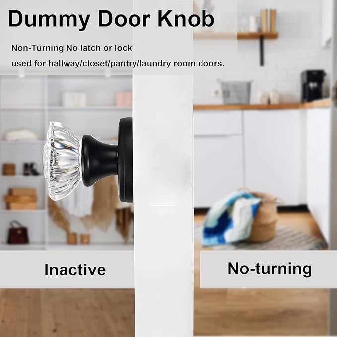 Glass Dummy Door Knobs Interior Matte Black Vintage Crystal Dummy Door Knob | for Hall and Closet, Inactive (2 Pack)