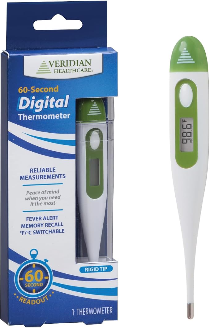 Veridian 60-Second Digital Thermometer with Fever Alert | Rigid Tip for Oral, Rectal & Underarm Use, Memory Recall, Water-Resistant, Storage Case & Probe Covers
