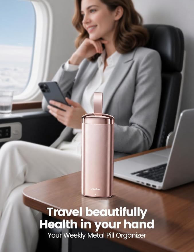 Vaydeer Metal Pill Organizer 2 Times a Day, AM PM 7 Day Weekly Pill Box with Built-in Desiccant, Airtight Moisture-Resistant Travel Pill Case for Medication & Supplements (Rose Gold)