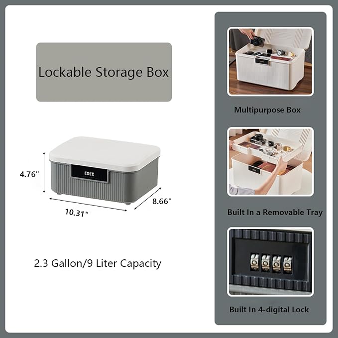 Lockable Storage Box – 2.5 Gallon Medicine Secure First Aid Organizer Box Safe w/Adjustable Lock for Home/Office/Outdoor Travel (White & Grey)