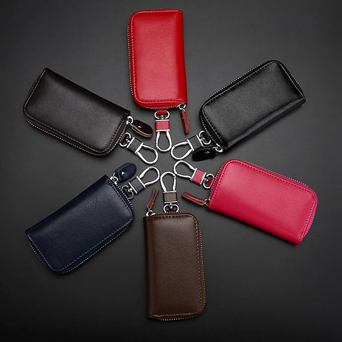 WESTONETEK Unisex Mens Womens Premium Leather Car Key Holder Bag Keychain Case Wallet with 6 Hooks Zipper Closure