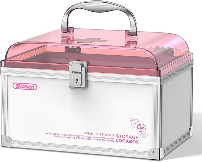 Glosen Medicine Lock Box With Key,pink,8.46 * 5.87 * 5.51 Inch,locked Medicine Box with Child Safe Lock