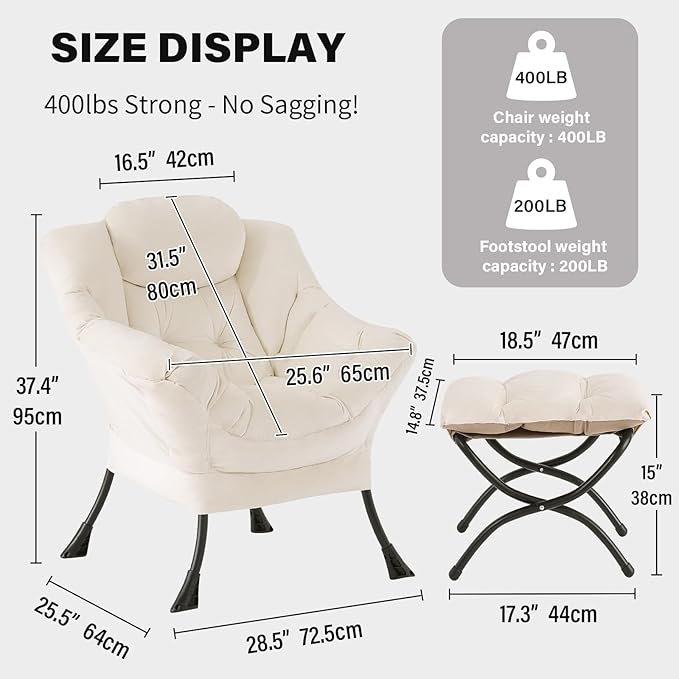 Tiita Lazy Chair with Ottoman, Modern Large Accent Lounge Armchair, Comfy Leisure Sofa Reading Chair with Footrest for Bedroom, Living Room, Dorm Rooms, Garden and Courtyard, Velvet Beige