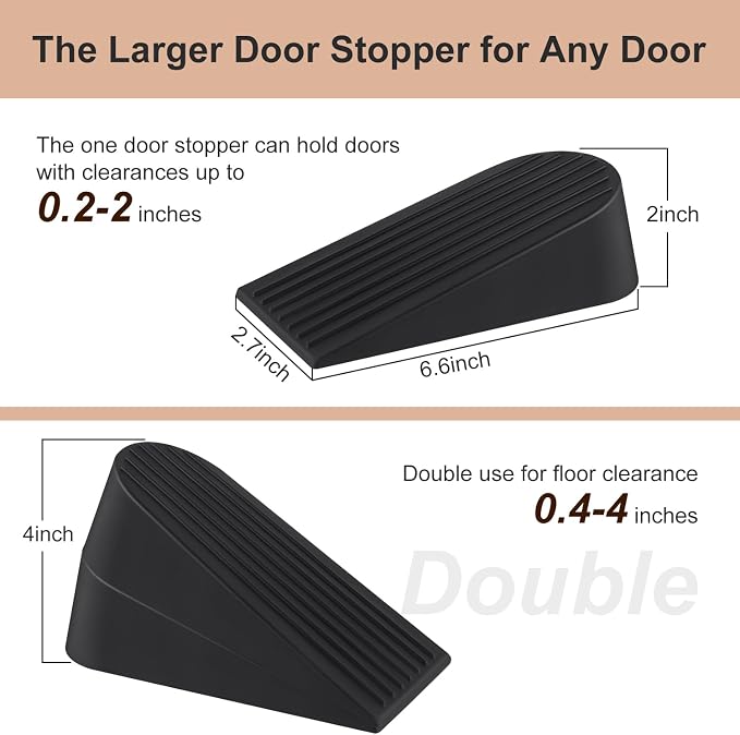 JZWBLILY Big Door Stoppers for Bottom of Door on Floor, Premium Big Rubber Door Stop Wedge, Floor Sturdy Stackable Door Stops for Carpet Heavy Duty Door, Door Gaps (Big 2 Pack, Black)