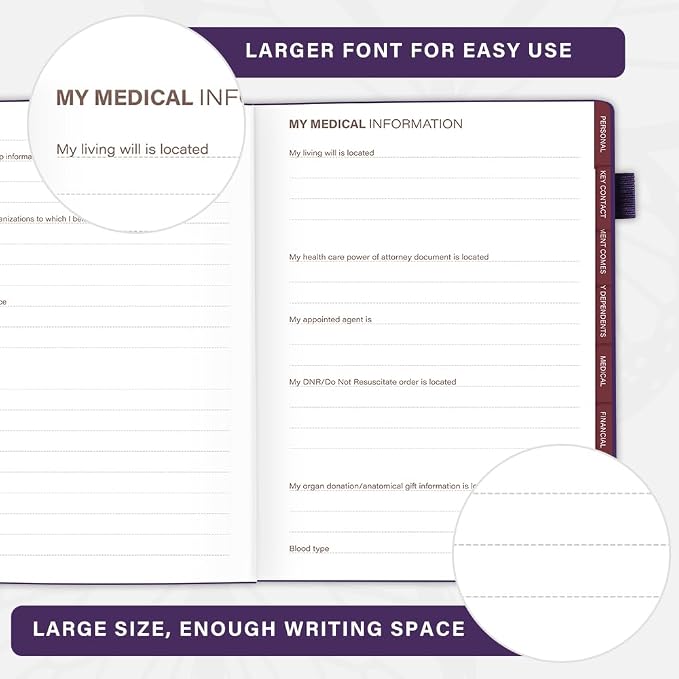 Molekaus End of Life Planner with Tabs, 7"x10" | Guided Estate Planning Organizer, Large Print, 120GSM Thick Paper, Inner Document Pockets for Final & Legal Affairs, Purple
