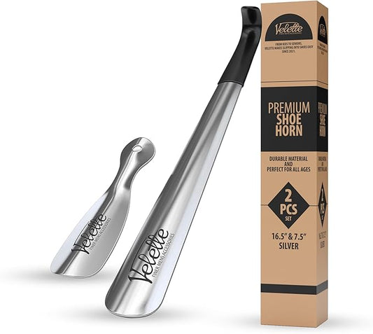 Velette 2 Pack Metal Shoe Horn Long Handle for Seniors - 16.5" Extra Long Shoe Horn for Seniors, 7.5" Travel Shoes Horns for Men, Women, and Kids - Shoehorn Long-Handle, Shoes Spoon, Gifts for Elders