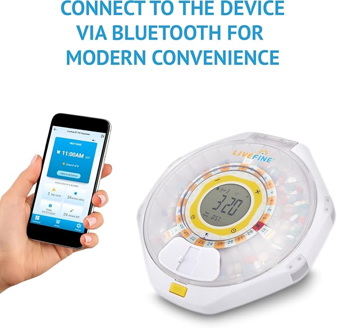 LiveFine Bluetooth Pill Dispenser, 9 Dosage Rings, 28-Day, Frosted Lid | Free app control with sound and light alerts, secure key lock, quick-press latch - trusted by seniors, arthritis sufferers.