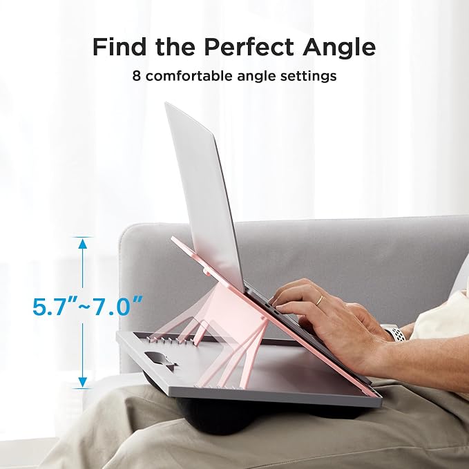 HUANUO Adjustable Lap Desk - with 8 Adjustable Angles & Dual Cushions Laptop Stand for Car Laptop Desk, Work Table, Lap Writing Board & Drawing Desk on Sofa or Bed, Pink | Dual-cushion base, carry handle, 30% thicker for durability, wider anti-slip led...