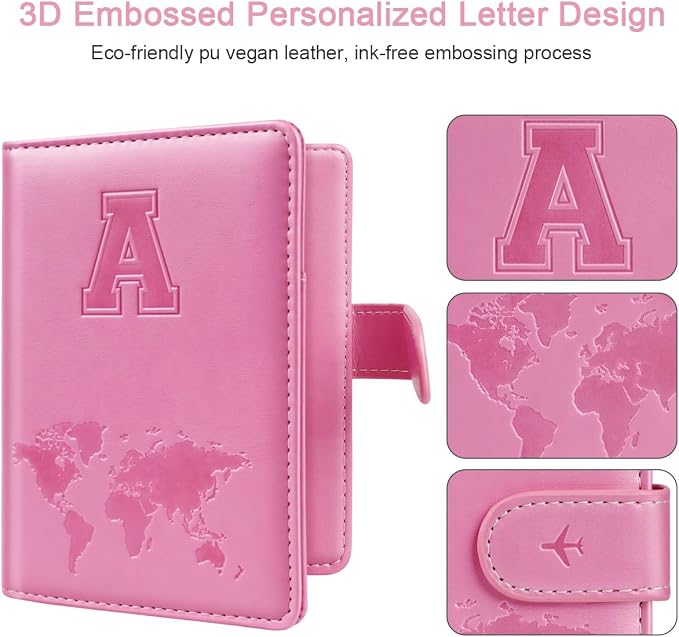 Passport Holder Cover Initial Letter A-Z Travel Wallet Personalized | Travel Essentials, Embossed Design, RFID Blocking, Personalized Gift, Passport Book Holders for Women Girls, Pink-A
