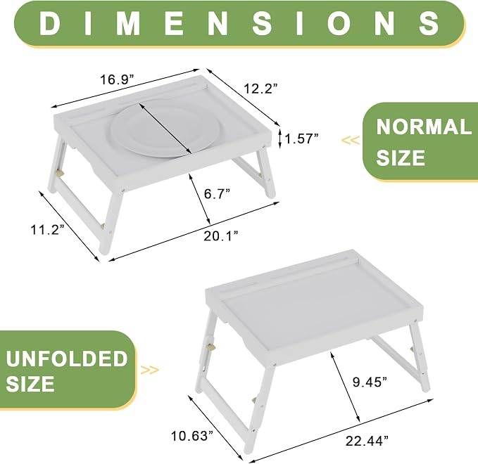 Artmeer Adjustable Bamboo Bed Tray Table with Device Slot, Large, White | Adjustable FSC-certified bamboo bed tray with device slot, folding legs and handles for meals, laptops and reading in bed.
