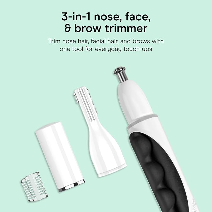 Conair GIRLBOMB Nose Face & Brow Trimmer | 3-in-1 Battery-Powered Trimmer for Fine and Coarse Facial Hair, White, GBT01W