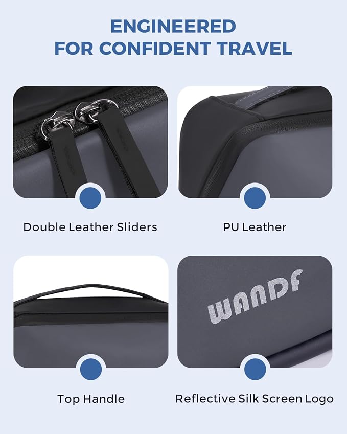 WANDF PU Leather Toiletry Bag for Men, Dopp Kit with Hanging Pouch | Water-Resistant Fabric, Travel Bag for Toiletries, Compact Storage, Shaving Accessories, Weekend Trips