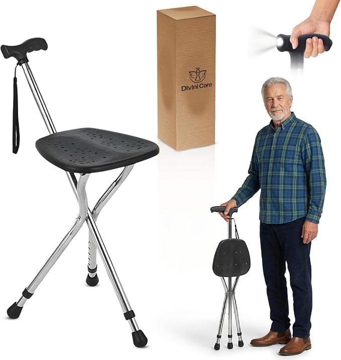Cane with Seat Folding, Adjustable Walking Cane Chair, Portable Anti-Slip Walking Stick Seat for Seniors, Lightweight Cane Stool for Elderly Men and Women, Folding Cane Supports Up to 396lb