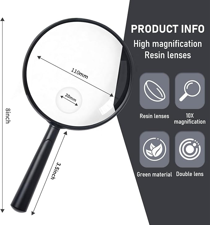 Feosky Handheld Reading Magnifier, 10X Magnifier, 110mm Shatterproof Lens, Adults Close Work Non-Slip Handle for Seniors Reading and Nature Exploration(Black)