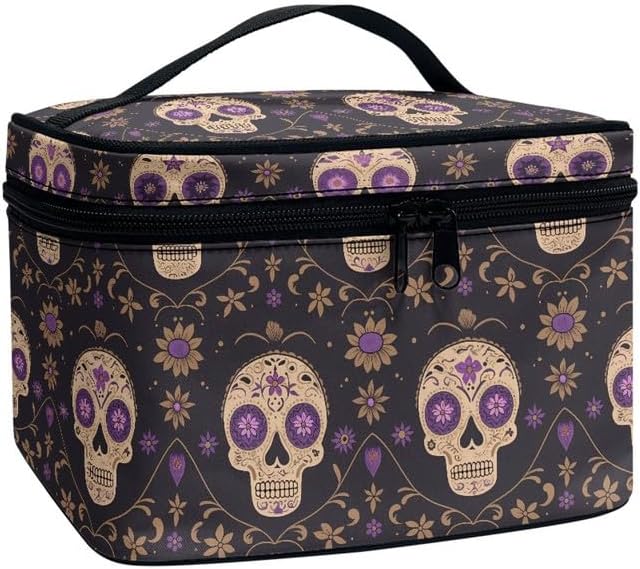 Mexican Sugar Skulls Floral Travel Cosmetic Organizer for Women Portable Zipper Make Up Pouch, Bohemia Candy Skull print Large Makeup Bag Dopp Kit Essentials