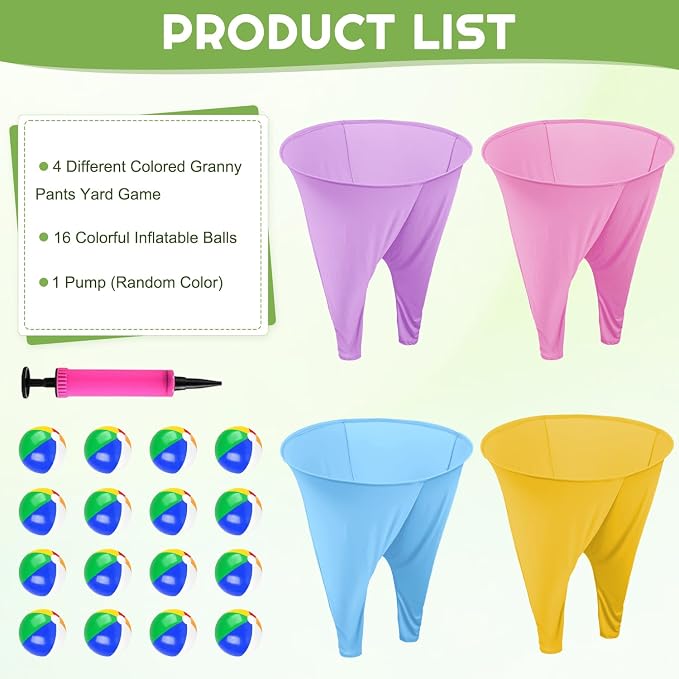 ROMANKAS Adult Granny Pants Outdoor Game 4 Pack of Mixed Color Granny Pants Yard Game with 16 Bouncy Balls and 1 Air Pump (Random Colors) Granny Pants Game Large for Family Reunions Field Day