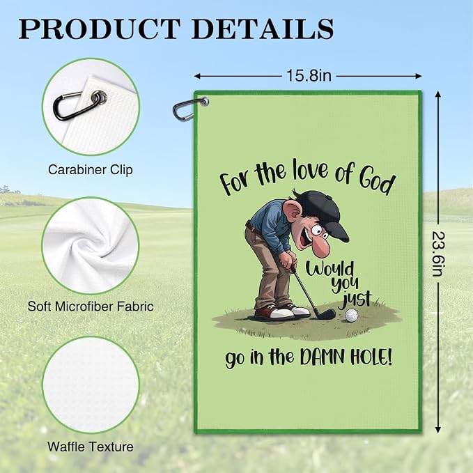 for The Love of God Green Golf Towel, Funny Golf Bag Towel with Clip for Men, Golfing Accessories for Men, Retirement Birthday Gifts for Golfer, Golfing Thank You Gifts for Dad Grandpa Uncle