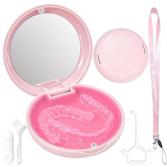Retainer Case Slim Aligner Case with Vent Holes Removable Inner Tray Silicone for Easy Cleaning, Retainer Removal Tool and Brush (Opaque Pink with Lanyard)