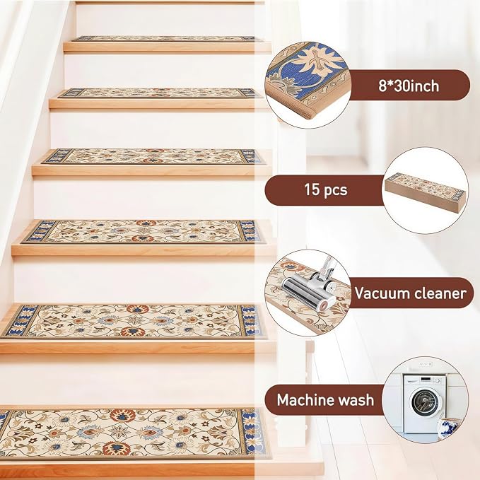GIB Stair Treads for Wooden Steps Indoor, 15 Pack 8" X 30" Non Slip Carpet Stair Treads with Reusable Adhesive for Kids Elders and Dogs, Boho Vintage Oriental Stair Runner, Ivory