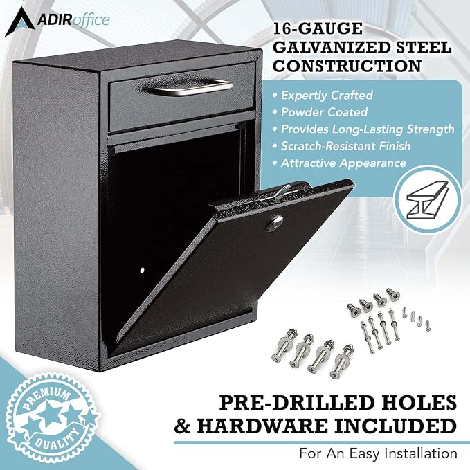 AdirOffice Wall Mount Mailbox - Mailbox with Lock and Keys- Durable Wall Mounted Locking Mailbox and Cash Drop Box for House, Apartments and Bussiness After Hours Deposits