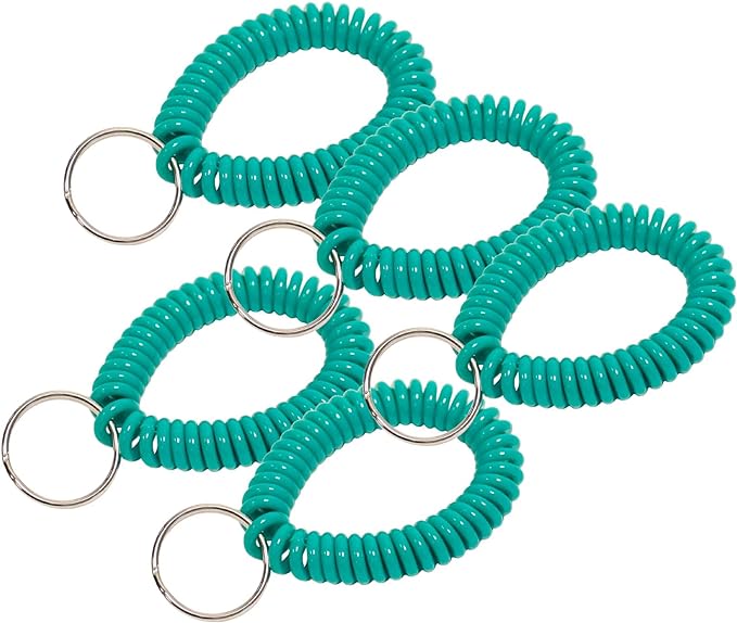Lucky Line 2” Diameter Spiral Wrist Coil with Steel Key Ring, Flexible Wrist Band Key Chain Bracelet, Stretches to 12”, Teal, 5 Pack (4103805)