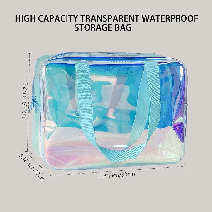 Holographic TPU Makeup Bag - Blue Rainbow Cosmetic Pouch, 11.81x4.3x8.26inches Waterproof Large Clear Travel Bag for Travel & Organizer (A230023-298-5)