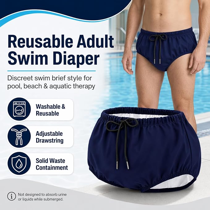 AQX Reusable Adult Swim Diapers Special Needs, Incontinence Swimwear L | Waterproof Adult Diapers for Swimming, Washable Pool Underwear for Seniors Incontinence Special Needs, SPA, Beach or Travel