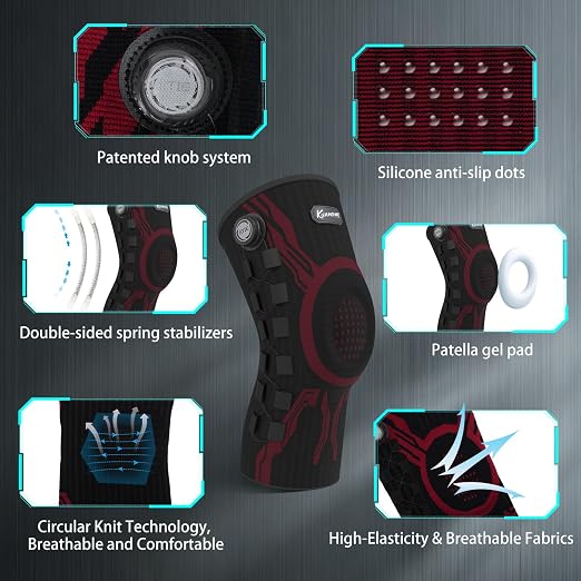 Kuangmi Knob Knee Brace for Pain Relief, Knee Support with Patella Gel Pad & Side Stabilizers, Compression Knee Sleeve for Workout, Arthritis, Joint Pain, Meniscus Tear (Red Black,Left,X-Large,Single)