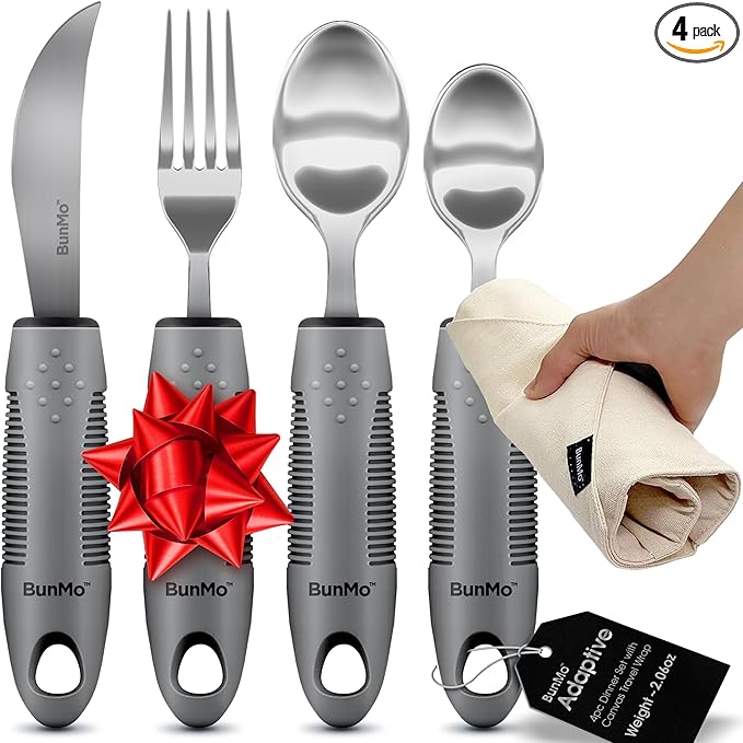 BUNMO Adaptive Utensils for Elderly, Arthritis, Weak Hand Grip & Handicapped - 4 Piece Set - Convenient Travel Pouch - Lightweight - Arthritis Gifts for Seniors Over 80 - Gifts for Disabled Adults