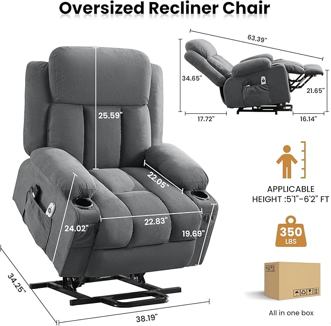 MAHOMICO Power Lift Recliner Chair for Elderly with Vibration Massage and Lumbar Heating Electric Oversized Single Sofa with Cup Holder and USB Charge Port for Living Room