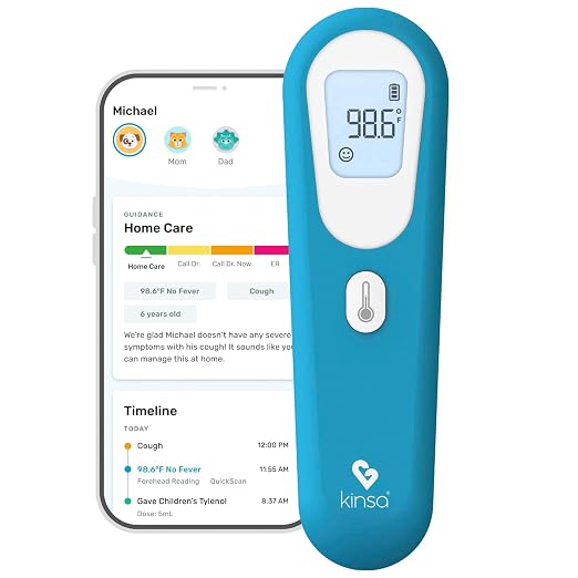Kinsa QuickScan Smart No-Touch Digital Forehead Thermometer for Fever | Contactless readings for babies, kids and adults; smartphone app tracks family health and provides symptom advice