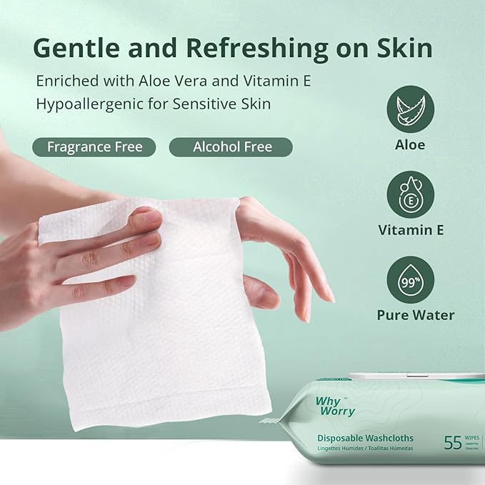 WhyWorry Wet Wipes for Adults, 8"x12" Extra Large Body Cleansing Wipes for Elderly & Incontinence, Extra Thick Adult Washcloths Disposable with Aloe & Vitamin E, Unscented, 55 Count