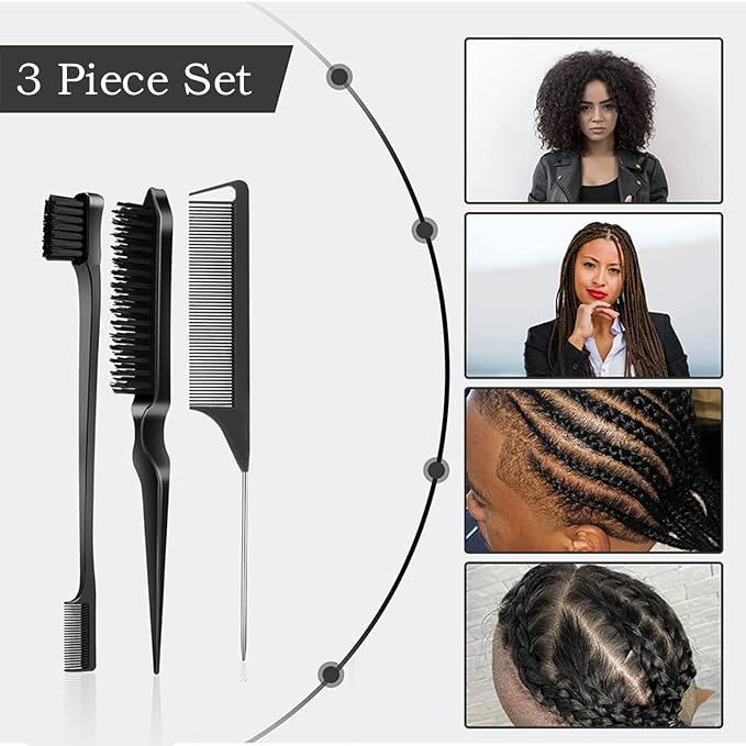 SWEET VIEW 3Pcs Slick Back Hair Brush | Rat Tail Comb, Edge | Bristle Brush, Sleek Ponytail/Bun Smoothing Baby Hair & Flyaways
