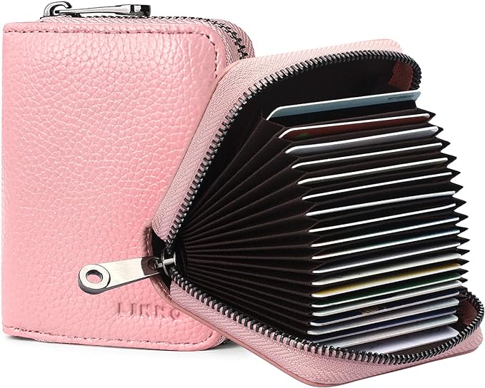 Linno RFID 20 Slots Credit Card Holder Genuine Leather Small Wallet for Women or Men with Zipper
