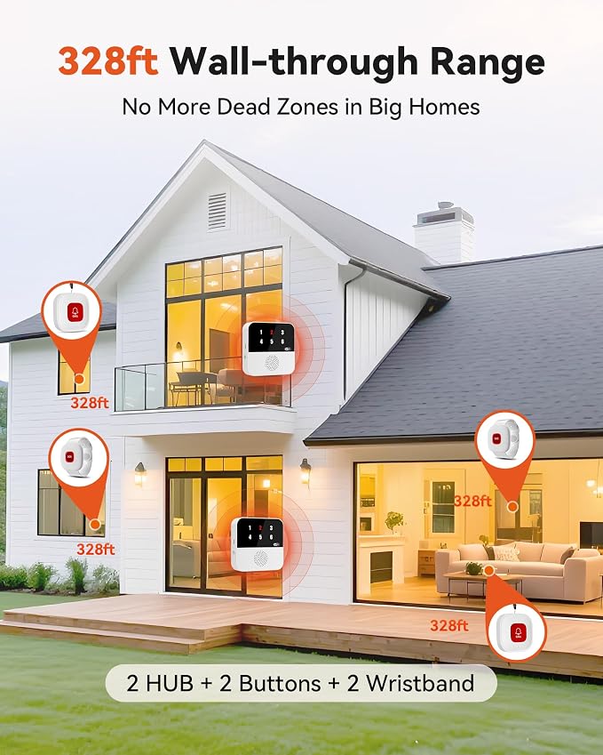 PILSAMAS WiFi Caregiver System - 2 Smart HUBs with Flashing Caller ID & APP Alert, 2 Waterproof Wristband + 2 Call Buttons, No Monthly Fee, Medical Alert Systems for Seniors at Home & Nursing Homes