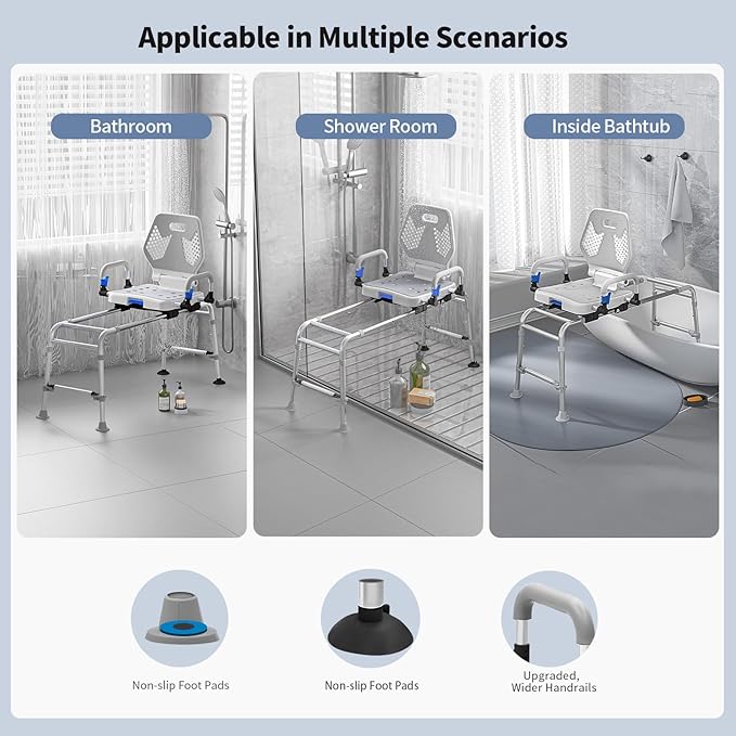 Sliding Shower Chair Swivel Tub Transfer Bench with Backrest with Non Slip Suction Cups 400lbs