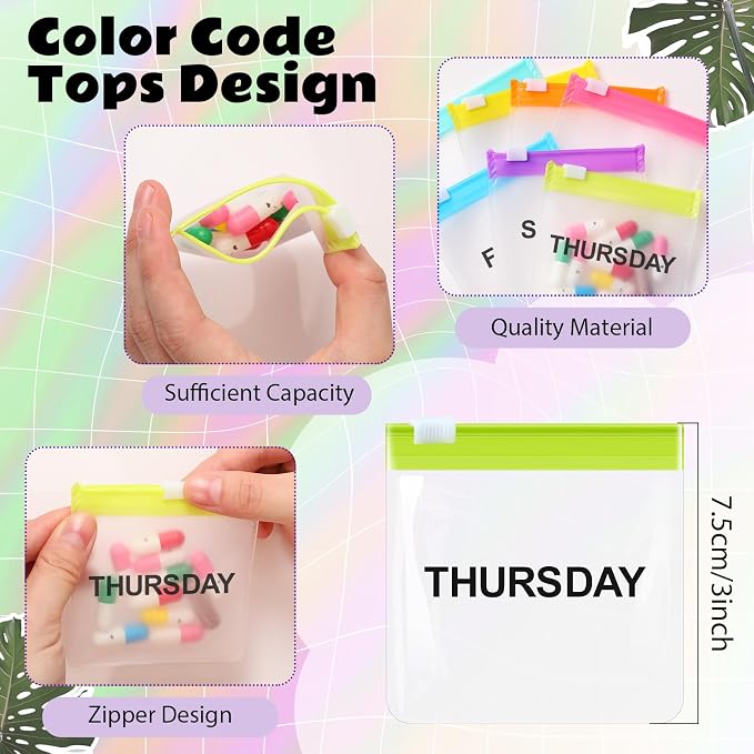 Sherr 35 Pcs Pill Pouch Bags with Zipper Pill Pouch Set Travel Reusable Translucent Medicine Organizer Self Sealing Plastic Bag with Slide Lock for Storage(Elegant Colors,3 x 3 Inch,Week Style)