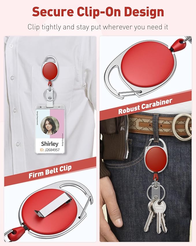Uniclife 2 Pack Retractable Keychain, Retractable Badge Reel, Heavy Duty Badge Holder Clip for Keys and ID Card, Key Chain Extender with Carabiner Belt Clip and Key Ring, Red