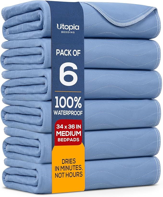 Utopia Bedding Washable Underpads 34" x 36" (Pack of 6), Waterproof Reusable Heavy Absorbency Incontinence Bed Pads for Adults, Kids, Elderly and Pets, Bedwetting Pads for Sofa and Couch (Blue)