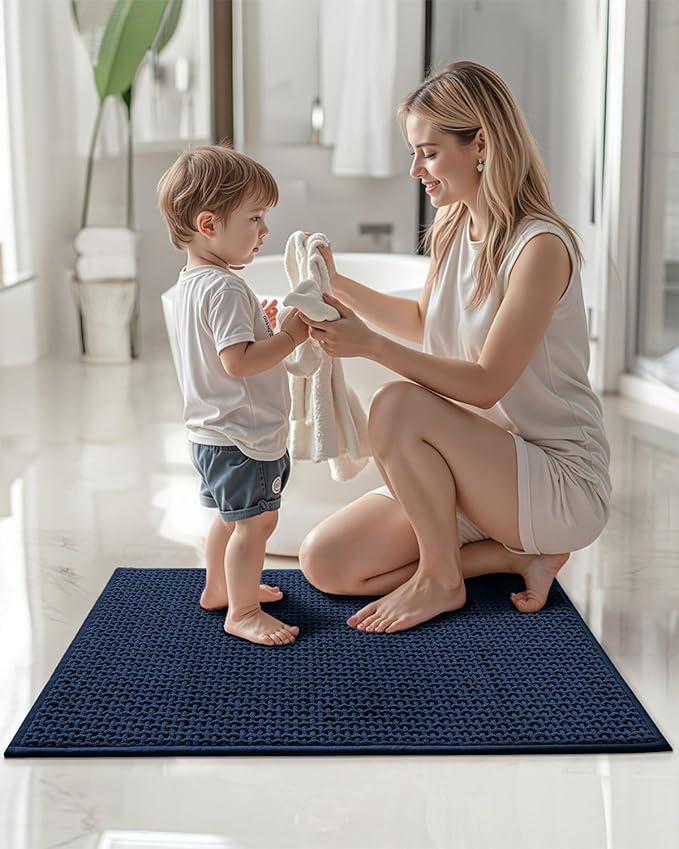 Color&Geometry Chenille Pile Large Bathroom Rugs Upgraded Denser, 24"x59" Non Slip Absorbent Dark Blue Bath Mats for Bathroom Thin Fit Under Door, Washable Quick Dry