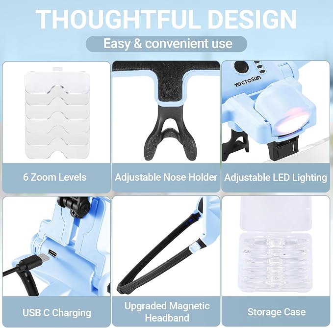 YOCTOSUN Magnifying Glasses with Light, 1.0X-4.0X Head Magnifying Visor | Detachable 6 Lenses,3 Light Colors, Rechargeable Hands-Free Headband Magnifier for Close Work, Crafts, Sewing, Jewelry